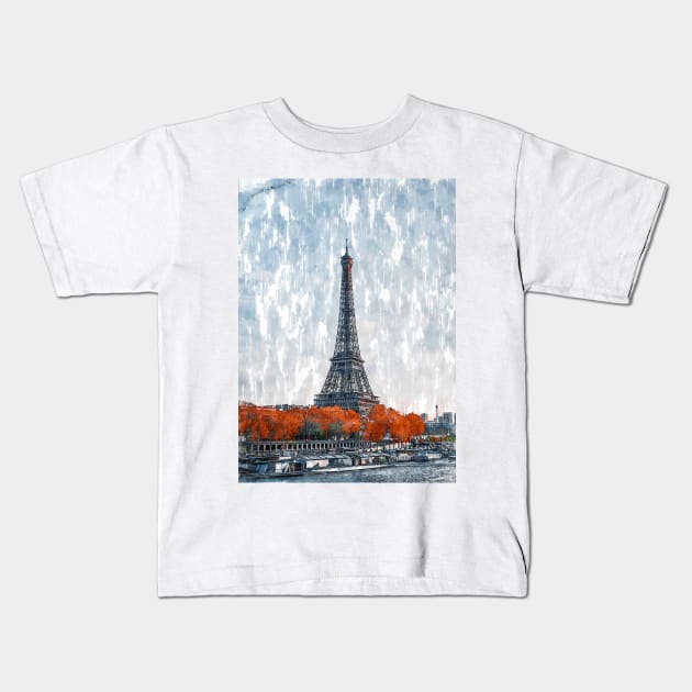 Eiffel Tower Autumn By The Parisian Canal. For Eiffel Tower & Paris Lovers. Kids T-Shirt by ColortrixArt